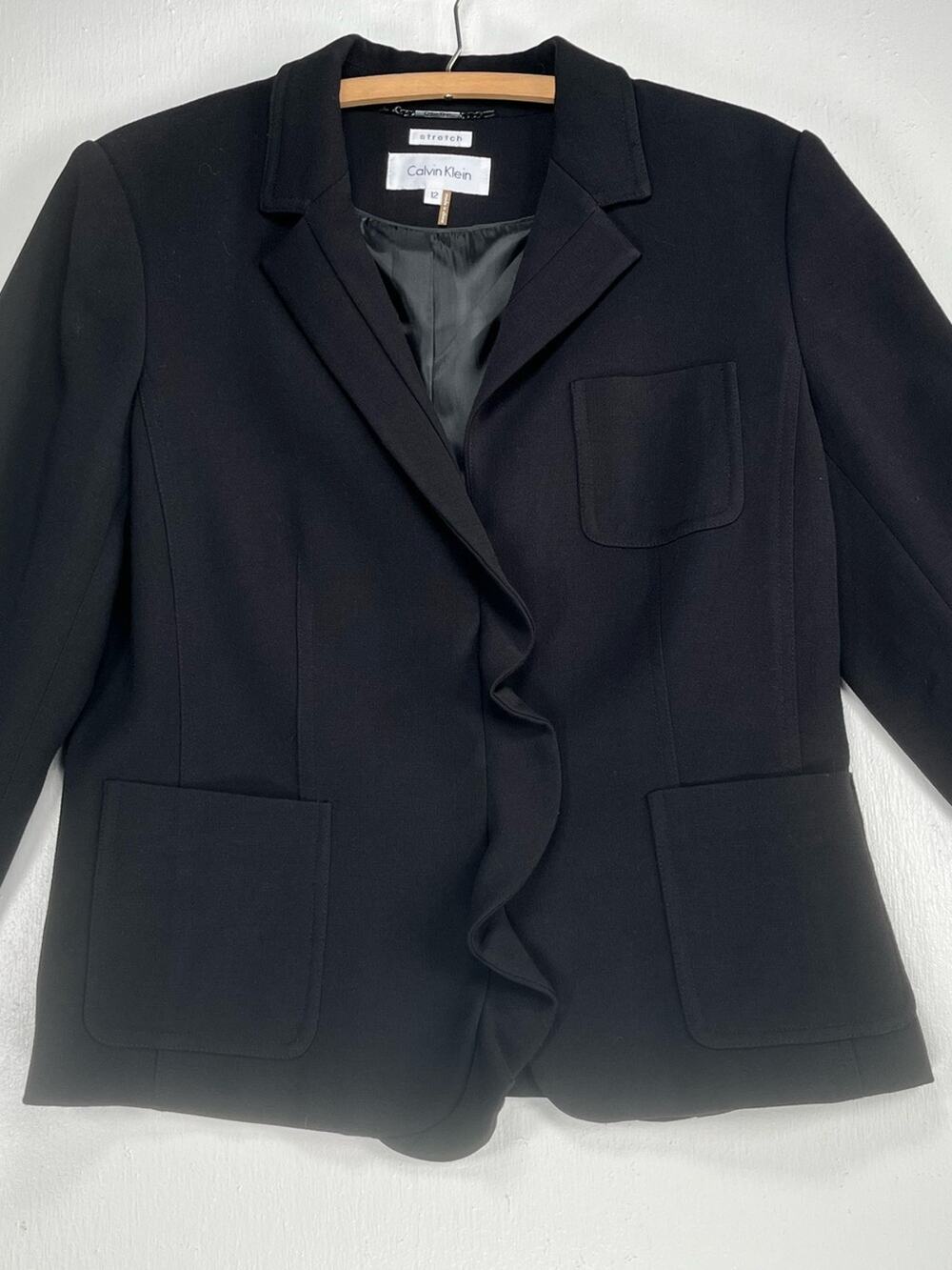 Y2k Calvin Klein Black Suit Jacket with Ruffle Detail Size 12 Stretch Blazer